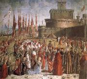 CARPACCIO, Vittore Scenes from the Life of St Ursula:The Pilgrims are met by Pope Cyriacus in front of the Walls of Rome Spain oil painting reproduction